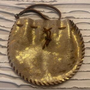 Glam Rustic Cowhide Leather Round Wristlet Drawstring Crossbody Bag Gold Brown